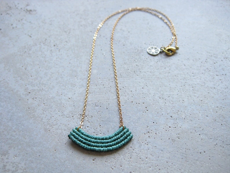 Dainty Minimalist Macrame Necklace . Turquoise . Gold Brass Chain . Modern Textile Jewelry . Fiber. Crescent Necklace . Design by .. raïz .. image 1