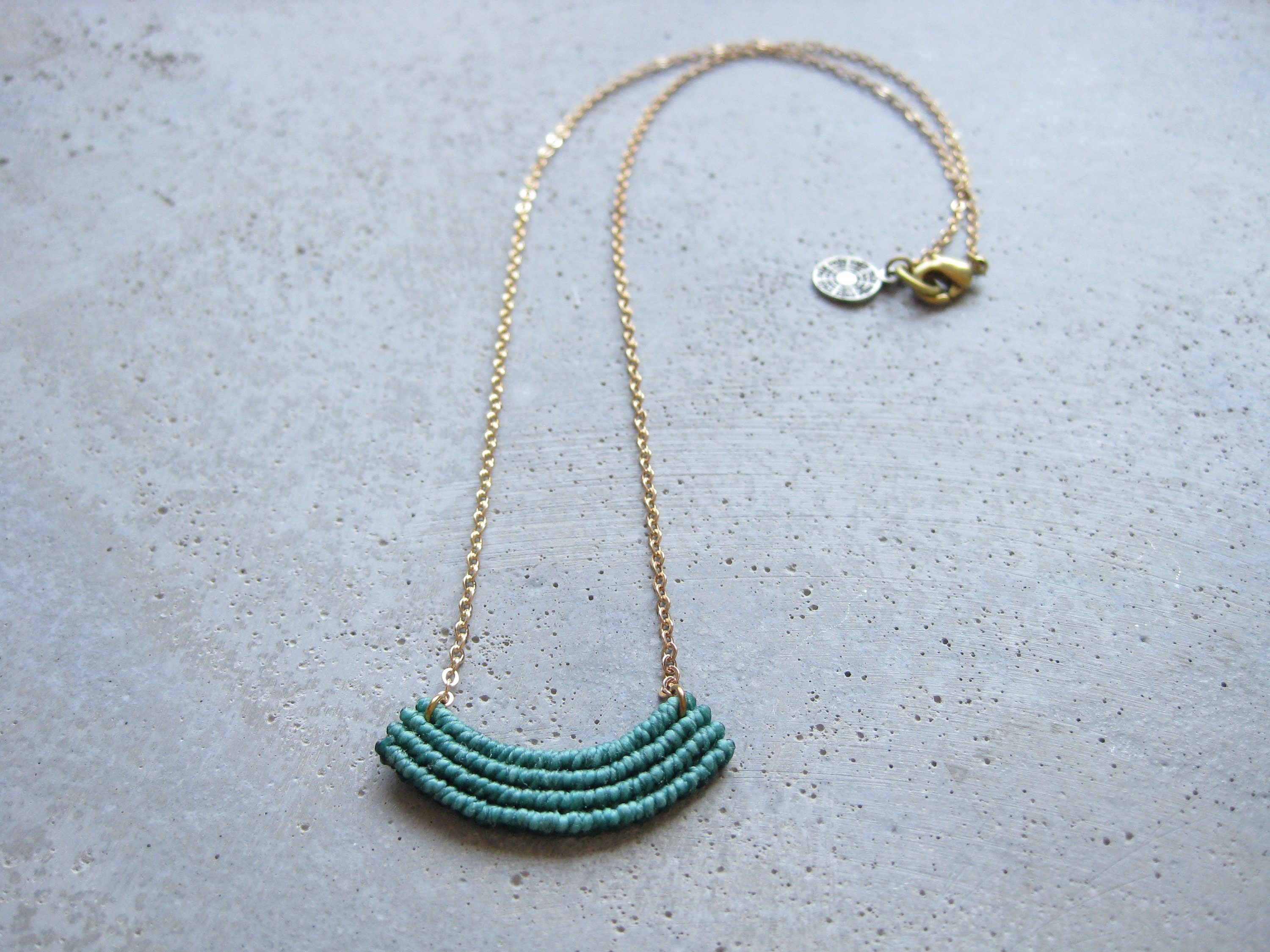 Dainty Minimalist Macrame Necklace . Turquoise . Gold Brass Chain ...