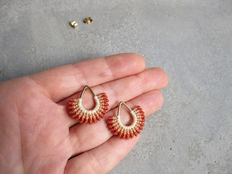 Fan Shape Stud Earrings . Gold . Terracotta . Modern Macrame Earrings . Teardrop Earrings . MicroMacrame Jewellery . Design by .. raïz .. image 9