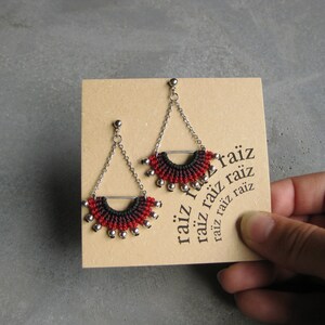 Red Textile Dangling Earrings . Half Circle Silver Chain EarStud . Micro Macrame Fibre Jewelry . Design by .. raïz .. image 8