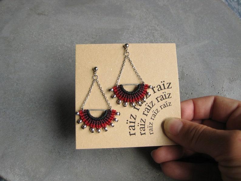 Red Textile Dangling Earrings . Half Circle Silver Chain EarStud . Micro Macrame Fibre Jewelry . Design by .. raïz .. image 8