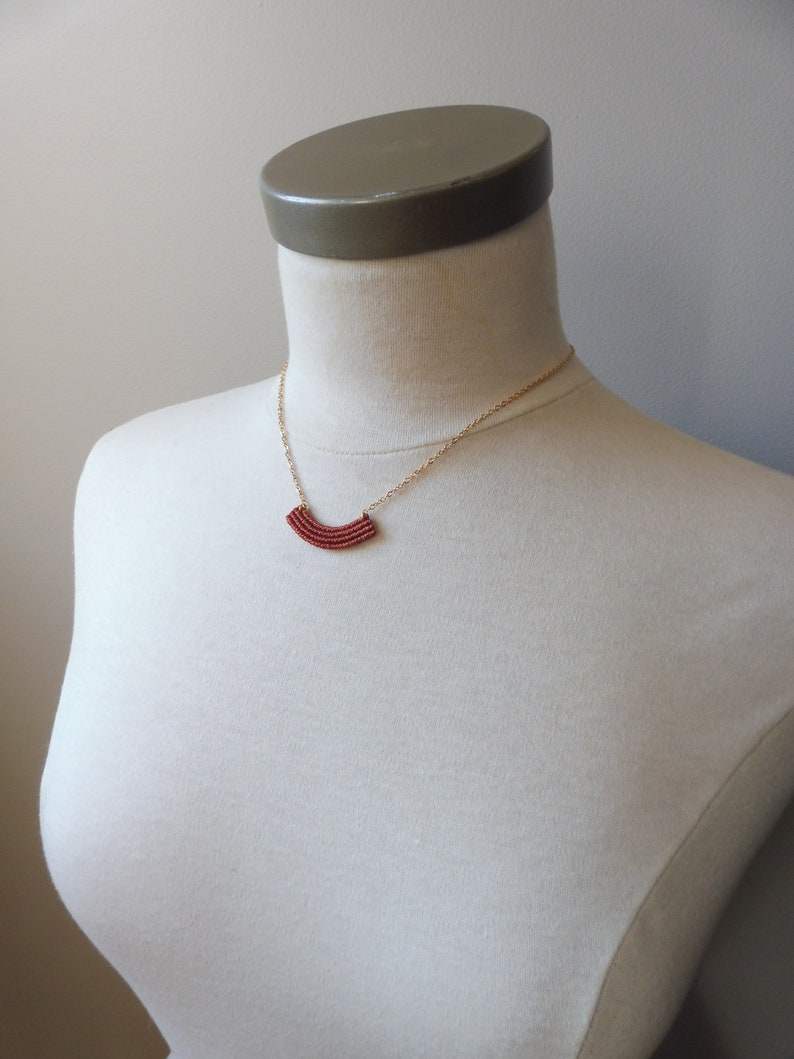 Dainty Crescent Textile Necklace in Terracotta . Modern Macrame Jewelry . Minimalist Fiber Jewellery . Small Macrame . Design by .. raïz .. image 10