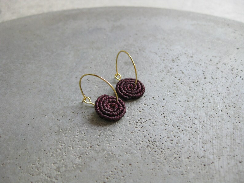 Burgundy Coil Earrings . MicroMacrame Gold or Silver Hoops . Circle Round Macrame Earrings . Lightweight Earrings . Design by ....raïz image 4