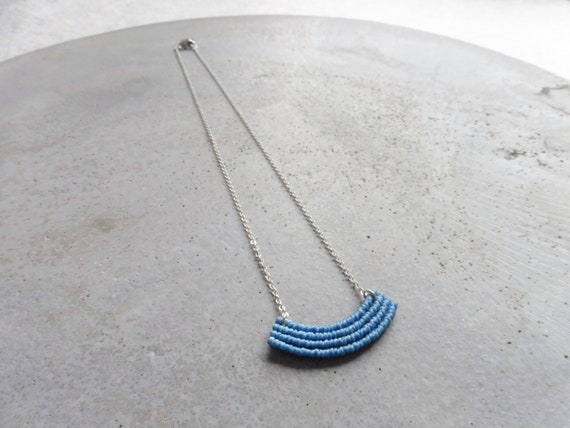 S u k a . Small Macrame Necklace in Blue . Brass or Silver Chain . Modern MinimalistTextile Jewelry . Design by .. raïz ..