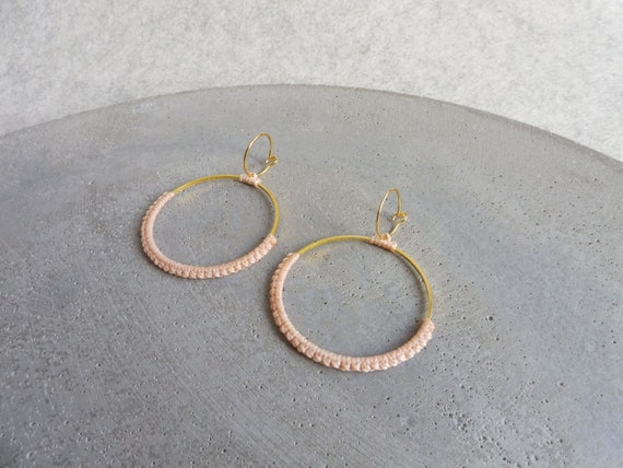 Light Pink Double Hoops Earrings . Circle Round Earrings . Gold or Stainless Steel. Lightweight Earrings . Statement Textile Earrings