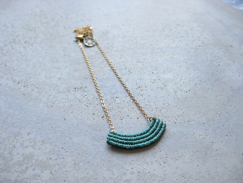 Dainty Minimalist Macrame Necklace . Turquoise . Gold Brass Chain . Modern Textile Jewelry . Fiber. Crescent Necklace . Design by .. raïz .. image 3