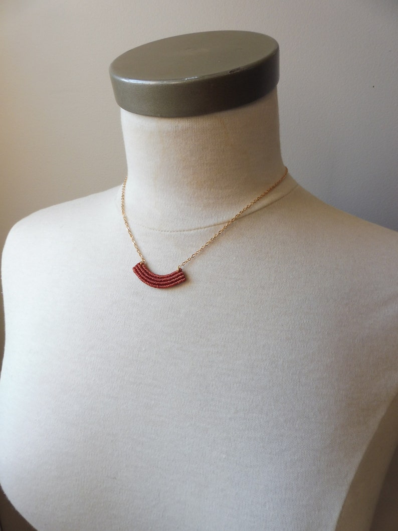 Dainty Crescent Textile Necklace in Terracotta . Modern Macrame Jewelry . Minimalist Fiber Jewellery . Small Macrame . Design by .. raïz .. image 4