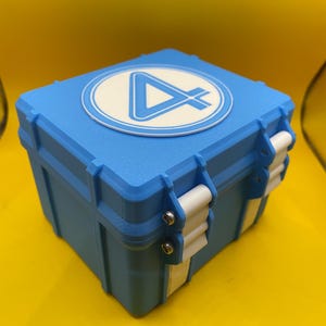 May include: A square, light blue storage box with a white circular emblem on the lid featuring a blue number 4. The box has a textured surface, white plastic hinges on the side, and small silver metal screws securing the hinge components in place.
