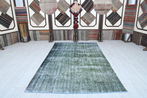 5x8 Rug, Turkish Vintage Rug,oushak Rug Green,neutral Wool Rug