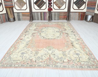 200x230 Türkischer Teppich,Vintage Teppich,Oushak Teppich 200x3000,Natural Geschenk Teppich, Ausgeblichener Teppich 250x300