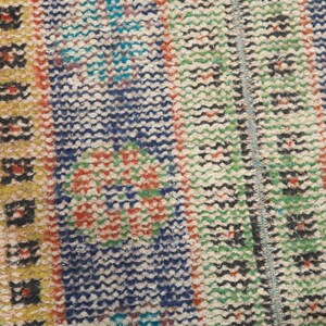 May include: Close-up of a colorful woven rug with a yellow border. The rug has a geometric pattern with blue, green, red, and white colors.
