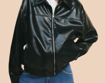 Trendy Black Leather Jacket | Women's Oversized Zip-Up Bomber | Classic Faux Leather Outerwear | Casual Streetwear Jacket | Gift for Her
