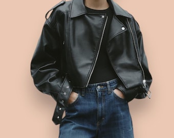 Edgy Faux Leather Biker Jacket | Women's Stylish Moto Jacket | Trendy Oversized PU Leather Coat | Fall & Winter Outerwear | Gift for Her