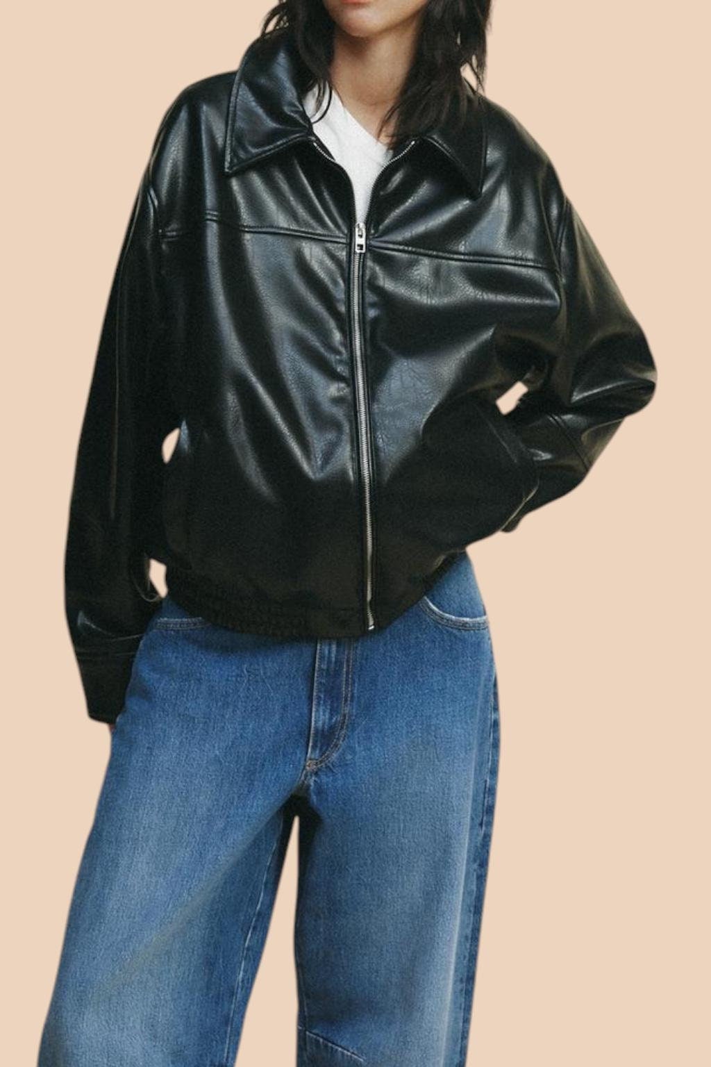 Trendy Black Leather Jacket | Women's Oversized Zip-up
