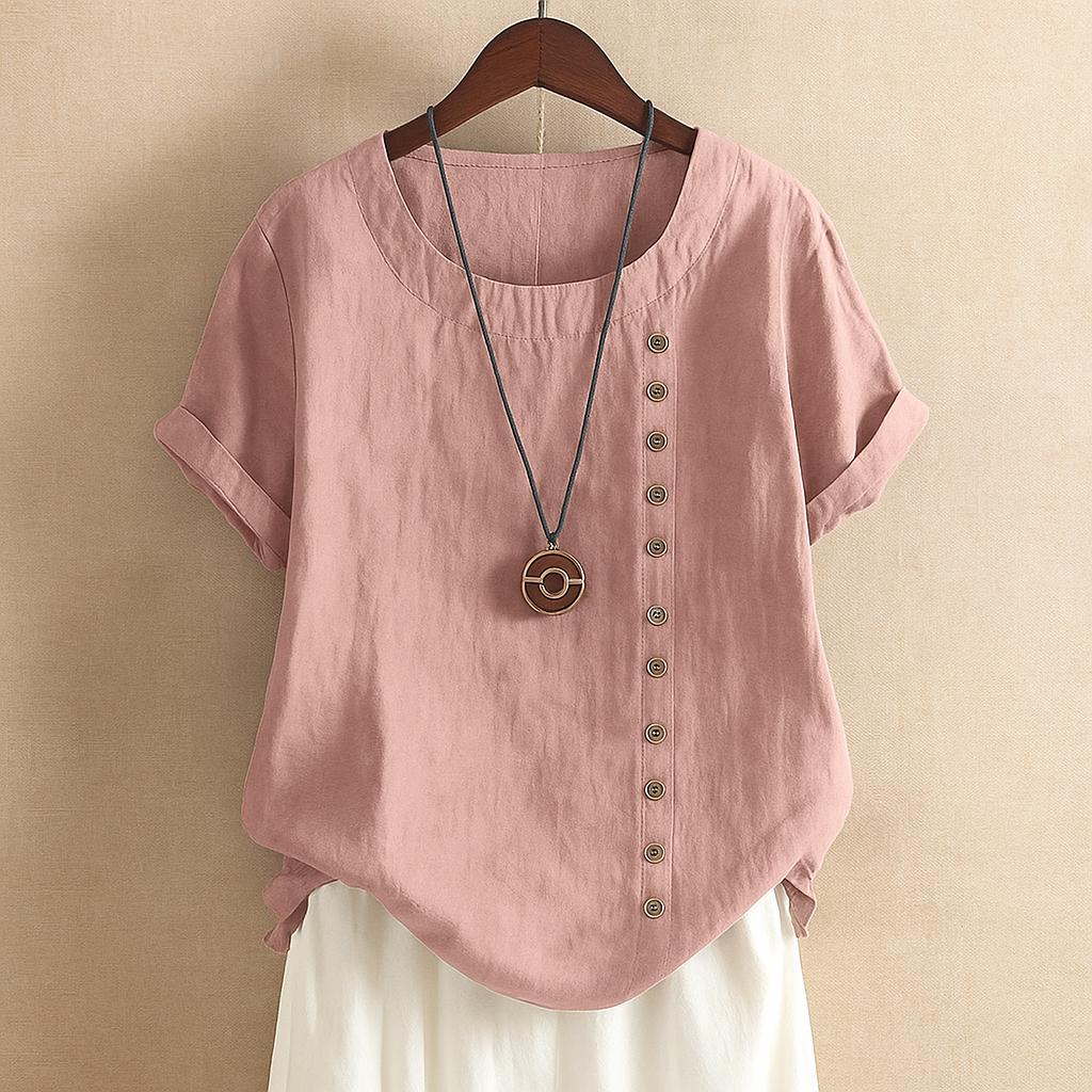 Elegant Cotton and Linen Blouse with Side Button Detail | Short Sleeve Summer Top | Casual Lightweight Shirt for Women | Cotton and Linen