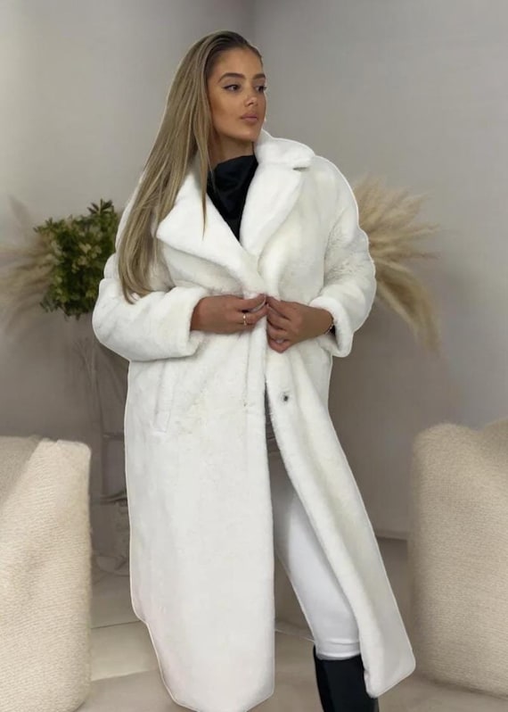 Elegante weiße Wintermantel Damen Langer Warmer Mantel Plüsch
