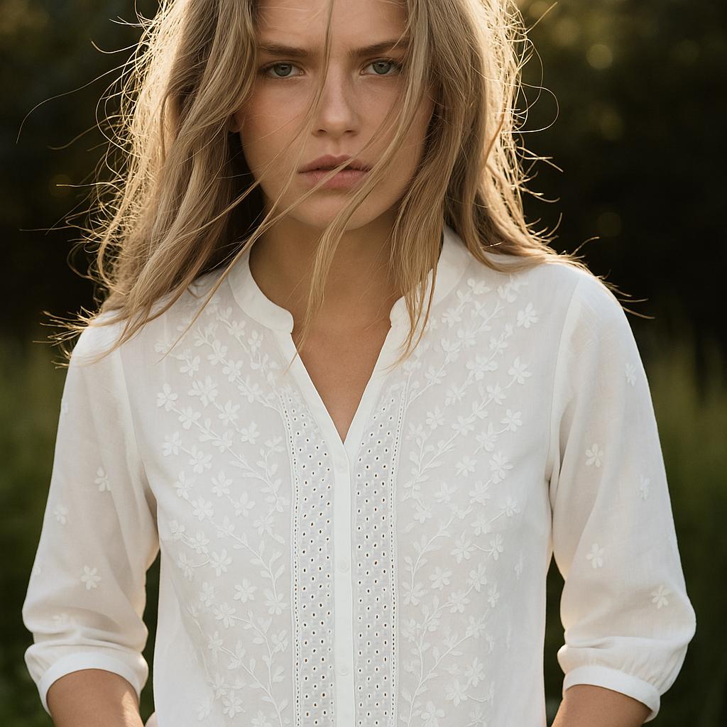 Elegant White Embroidered Cotton Blouse with Three-Quarter Sleeves