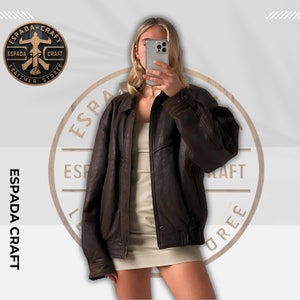Blouson aviateur oversize fait main en cuir d'agneau | Décontracté marron pour femme en cuir véritable | Cadeau en cuir souple pour elle
