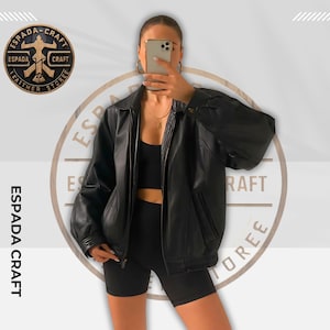 Blouson aviateur oversize noir fait main en cuir d'agneau | Vêtements décontractés souples en cuir véritable pour femmes | Cadeau parfait pour elle