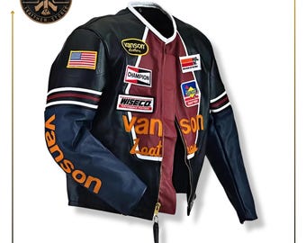 Men's Vanson Star Leather Jacket: Classic Biker Moto Coat - Etsy