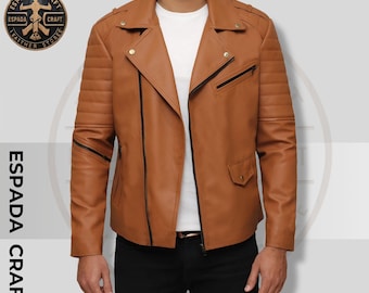 Bruinbruin kunstleer bikerjack heren: gewatteerde slim-fit motorbovenkleding