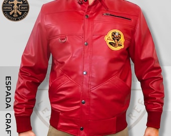 Cobra Kai Red Leather Jacket: Men’s Slim Fit Bomber, Halloween Costume