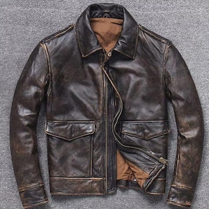 Blouson en cuir vintage pour homme, Blouson aviateur A-2, Blouson en cuir effet vieilli marron, Blouson moto style motard Blouson en cuir marron