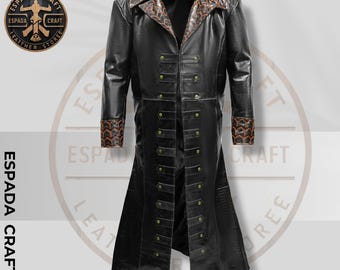 Men's Handmade Leather Captain Hook Pirate Cosplay Trench Coat