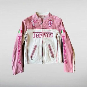 Blouson femme rose et blanc Racing en cuir | Veste de motard vintage fabriquée à la main