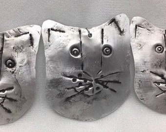 Christmas Cat Tree Ornaments. Kitty Ornaments.BUY A KITTY. Lightweight Silver Tin Cat Face Ornament.Tin ©ruddlecottage made in USA with love