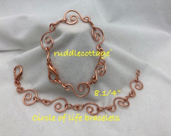 Copper Circle of life Bracelets, Pure Copper Bracelet, Copper Linked Bracelets, Lobster Clasped. Made by the Artist Jayne Bruck-Fryer. USA.