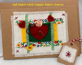 Embroidered Greeting Cards.Hand Stitched Valentine Cards,Hand Sewn Flower Cards.Copper Heart Charms. Miniature Art.©ruddlecottage  ONSALE