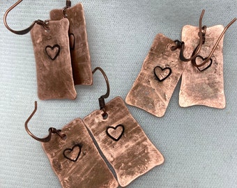 Mothers Day Heart Earrings.Copper Heart stamped Earrings.Rectangle Heart Dangle Earrings.Pure copper Earrings.Made in USA. XOXO