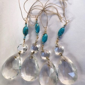 Vintage Crystal Christmas Ornament: Turquoise Bead Dangle, Upcycled 1950s Chandelier