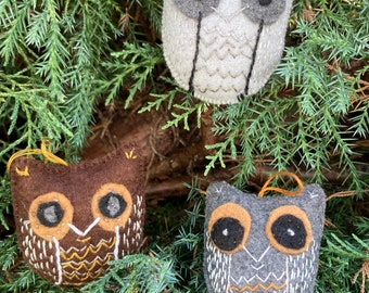 Felt Owl Bird Tree Ornaments,Christmas Gifts,Hand Embroidered Bird Ornaments, Handmade Earth tone Owls,.Artist Jayne Bruck-Fryer. ONSALE. ©