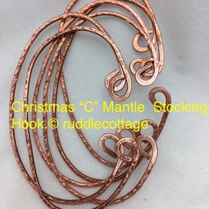 Textured Copper Christmas Stocking Hanger: Mantle Hook Set. Copper C Mantle hook. Artist made USA. No two alike.