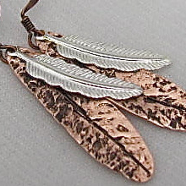 Copper  Feather Earrings, Feather Dangle Earrings, Recycled Feather Earrings.