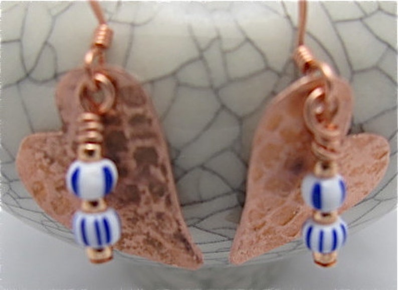 Copper beaded Small Hearts Earrings. Itsy Bitsy small heart earrings.Mothers Day Gift. Made in USA. Artisan Crafted: Jayne Bruck-Fryer. xoxo image 3