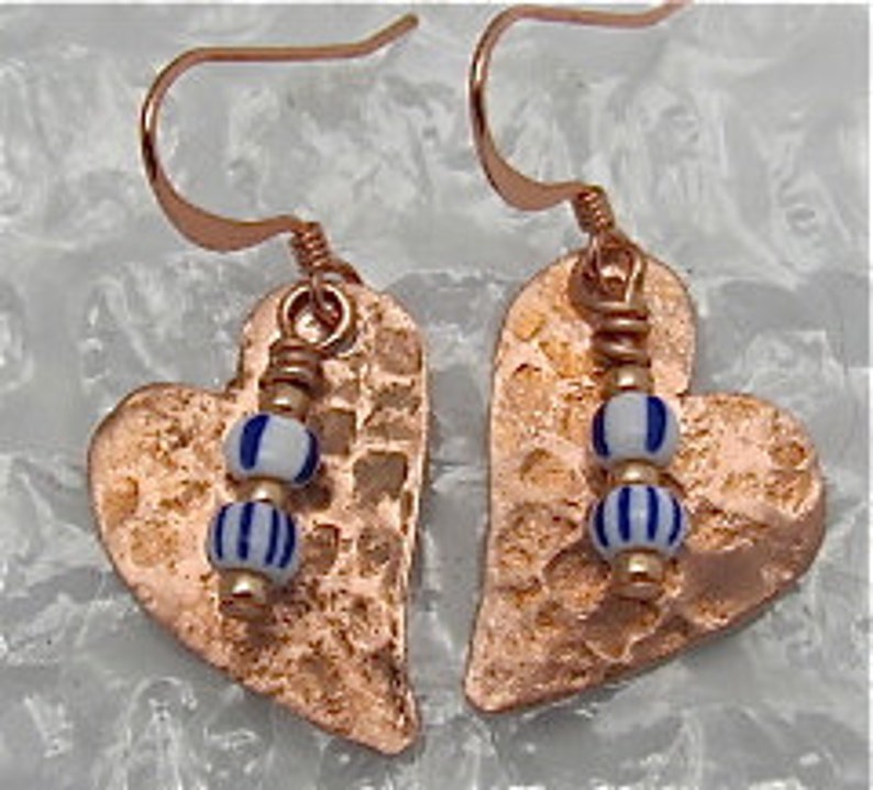 Copper beaded Small Hearts Earrings. Itsy Bitsy small heart earrings.Mothers Day Gift. Made in USA. Artisan Crafted: Jayne Bruck-Fryer. xoxo image 2