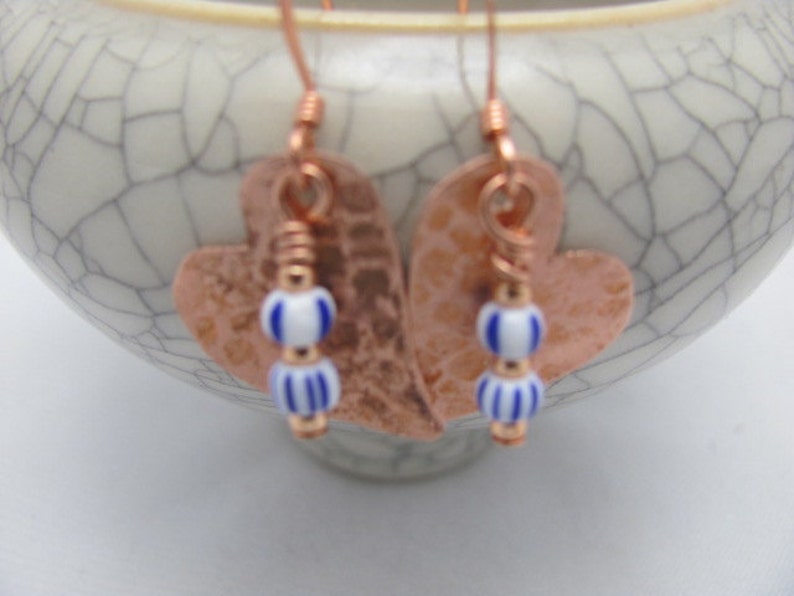 Copper beaded Small Hearts Earrings. Itsy Bitsy small heart earrings.Mothers Day Gift. Made in USA. Artisan Crafted: Jayne Bruck-Fryer. xoxo image 4