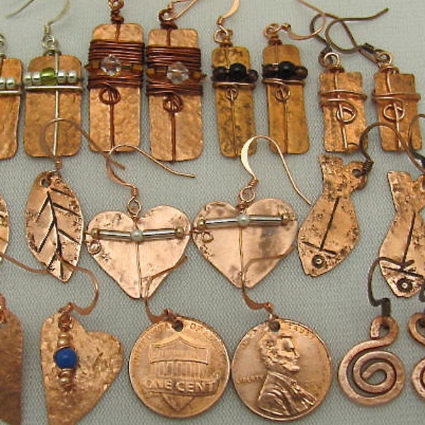 Wholesale Copper Earrings. 10 pairs 10 a piece. Vintage Copper Assorted Earrings.