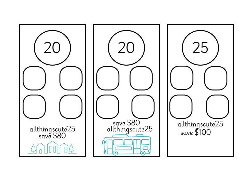 Peut inclure: Trois cartes rectangulaires blanches avec des contours noirs. Chaque carte a un grand nombre en haut, avec des cases plus petites en dessous. Le texte comprend "allthingscute25" et "save 80 &euro;" ou "save 100 &euro;". Une carte a un graphique de maison turquoise, une autre un bus turquoise.