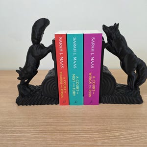 Op de afbeelding: Zwarte wolf-boekensteunen met drie boeken. De boeken heten "A Court of Thorns and Roses", "A Court of Mist and Fury" en "A Court of Wings and Ruin" van Sarah J. Maas. De boekensteunen staan op een houten oppervlak.
