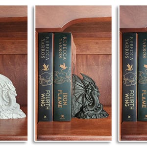 Copper, White and black Majestic Dragon Bookends displayed on shelf between books