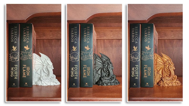 Copper, White and black Majestic Dragon Bookends displayed on shelf between books