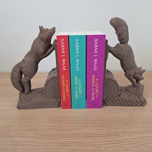 Op de afbeelding: Bruine vossen boekensteunen met drie boeken. De boeken heten "A Court of Thorns and Roses", "A Court of Mist and Fury" en "A Court of Wings and Ruin" van Sarah J. Maas.