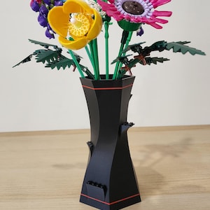 Black and Red LEGO-Compatible Vase with multicoloured LEGO flower bouquet including daisies and sunflowers
