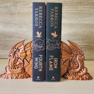 Copper Majestic Dragon Bookends holding up fantasy books
