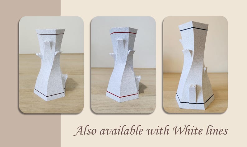 May include: Three white ceramic vases with a unique twisted design. The vases have a red or black trim around the top and bottom.  Also available with white lines.