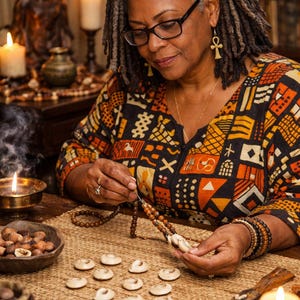 May include: An older woman with gray dreadlocks and glasses examines a strand of beads. She wears a patterned orange, black, and yellow top. Various items are on the table, including candles, bowls of nuts, and small white objects.